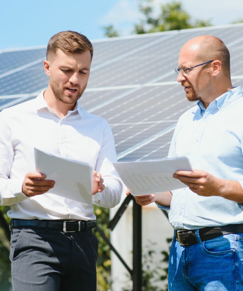 Zwei Männer stehen neben einer Photovoltaikanlage und besprechen diese.